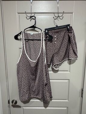 Aerie Offline Star Print Pajama Tank and Shorts Set - Brown with White Stars XXL